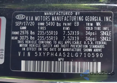 2020 Kia Sorento 3.3L Ex z USA, uszkodzony, nr VIN 5XYPH4A52LG710590